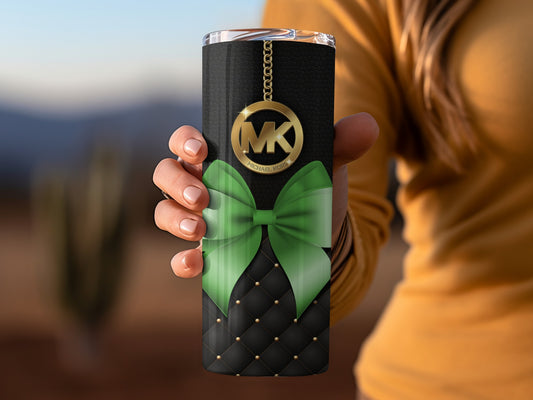 Stylish Tumbler with Green Bow and Gold Chain Design