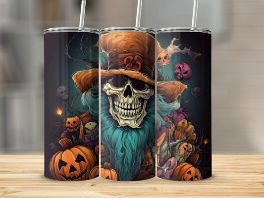 Three tumblers with a Halloween skull, pumpkins, and spooky characters design.