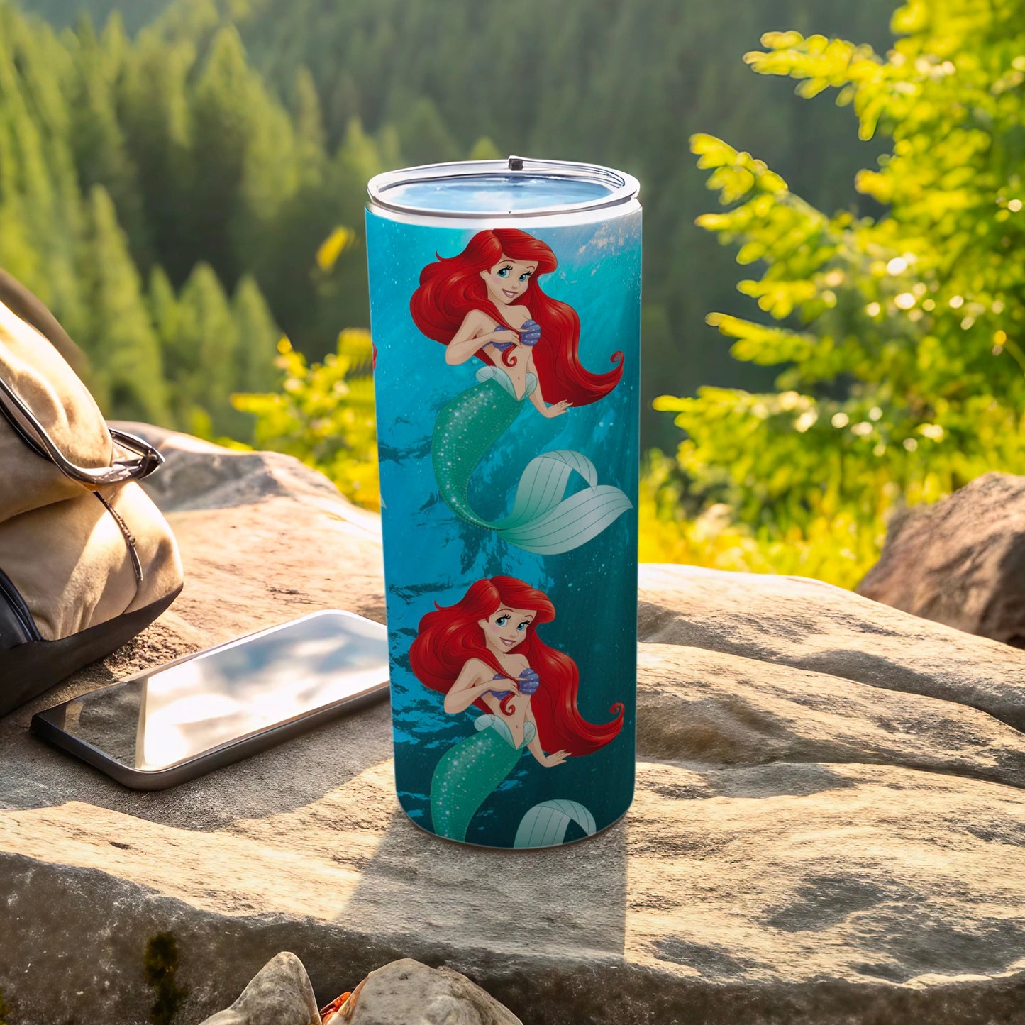Vibrant Red-Haired Mermaid Design Tumbler Cup