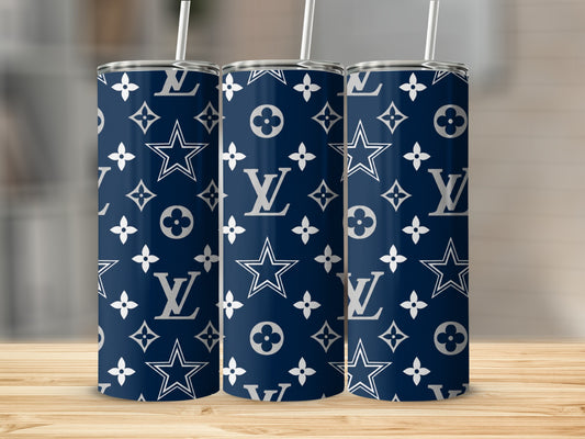 Three navy blue tumblers with white LV and star patterns and straws.