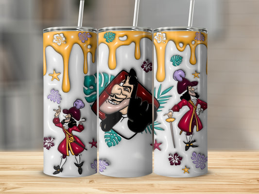 Captain Hook illustration on three tumblers with dripping yellow icing and tropical leaves.