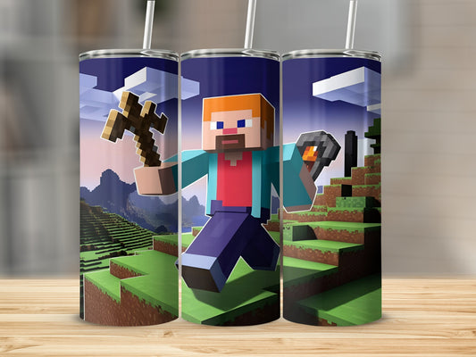 Minecraft character Steve holding a pickaxe and torch on grassy blocks.