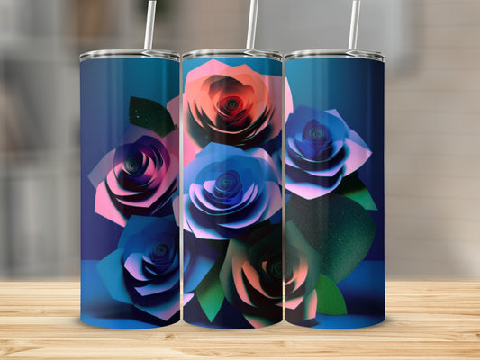 Three tumblers featuring colorful paper roses on a dark blue background.