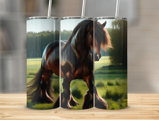 Brown horse with flowing mane and tail in a field.