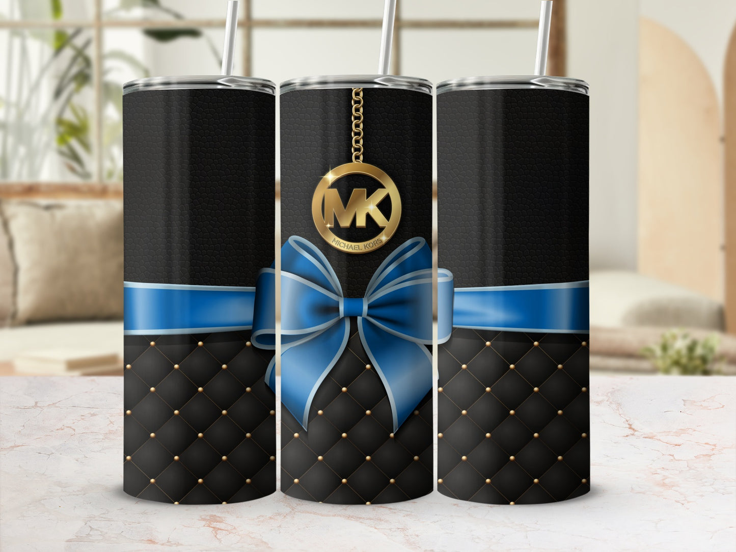 Luxury Style Tumbler with Blue Bow and Gold Accents