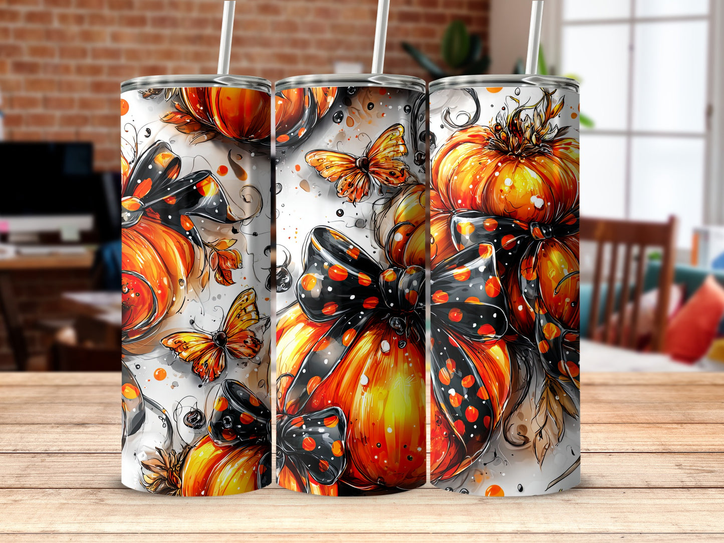 Colorful Fall Pumpkin and Butterfly Themed Tumbler