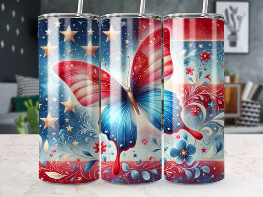 Butterfly and star design on three patriotic-themed tumblers.