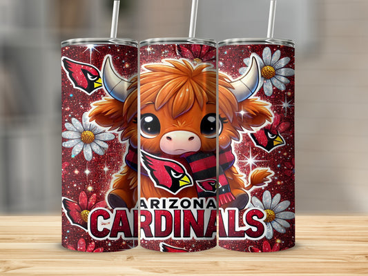 Kawaii Highland cow with Arizona Cardinals logo and glittery floral accents.