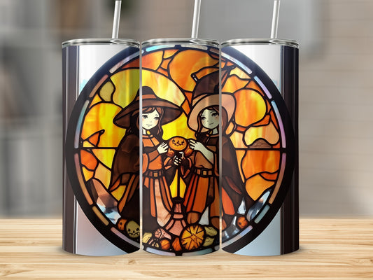 Three witch-themed tumblers with stained glass pumpkin and candy corn design.
