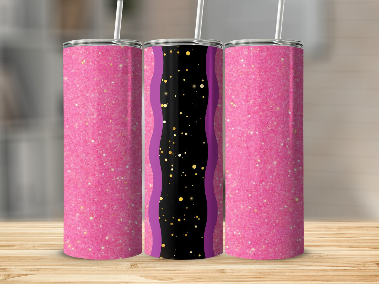 Three pink glitter tumblers with gold confetti and purple accents.