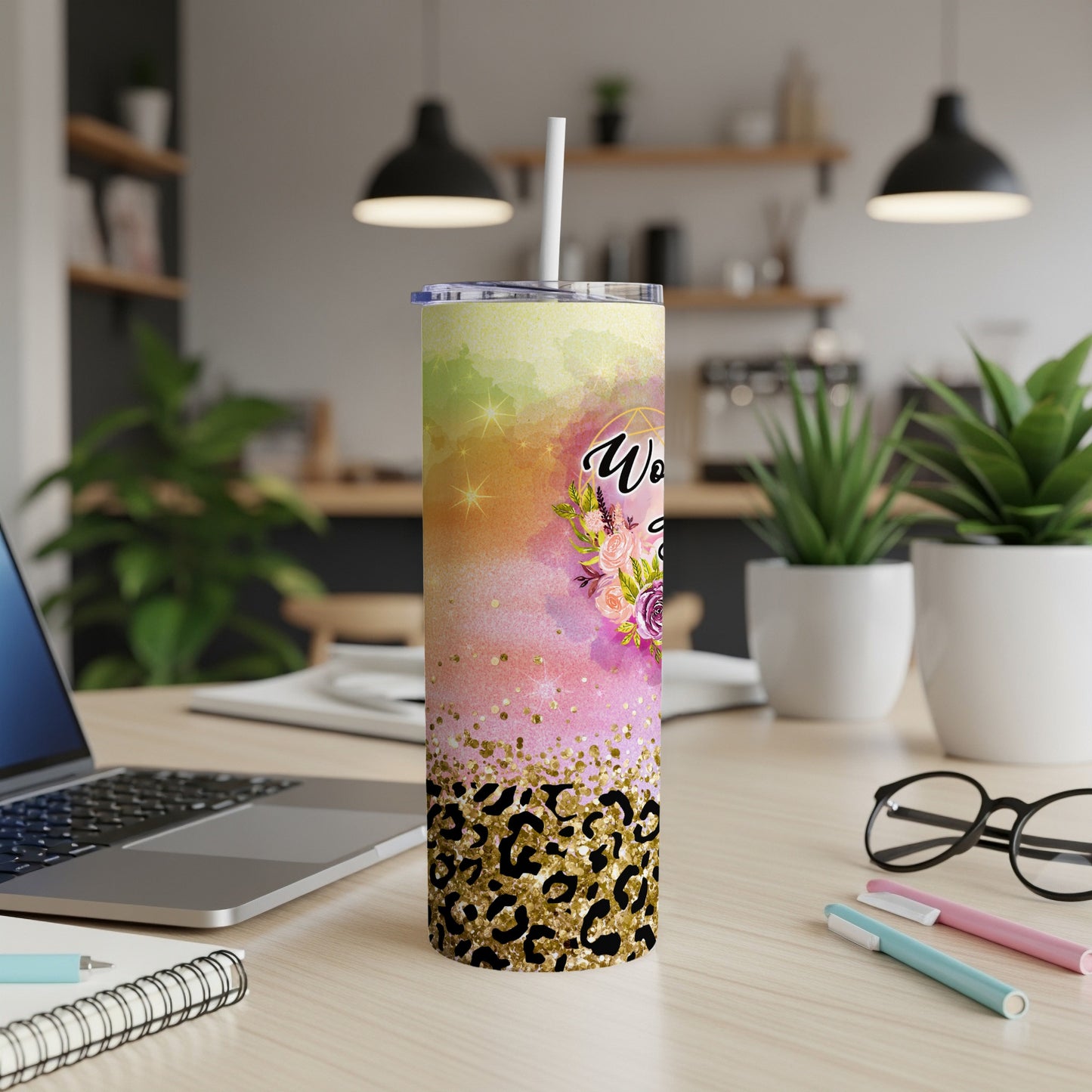 Watercolor floral tumbler with leopard print and "Work Hard, Stay Humble" text.