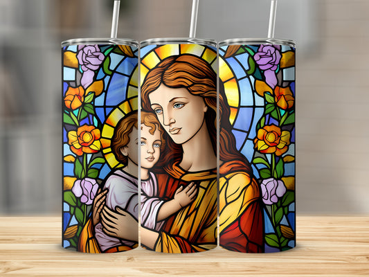 Stained glass depiction of Mary holding baby Jesus surrounded by colorful flowers.
