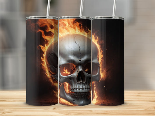 Silver skull on fire, presented on three tumblers.