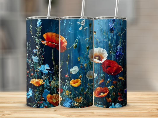 Floral pattern with poppies on a blue background, on three tumblers.