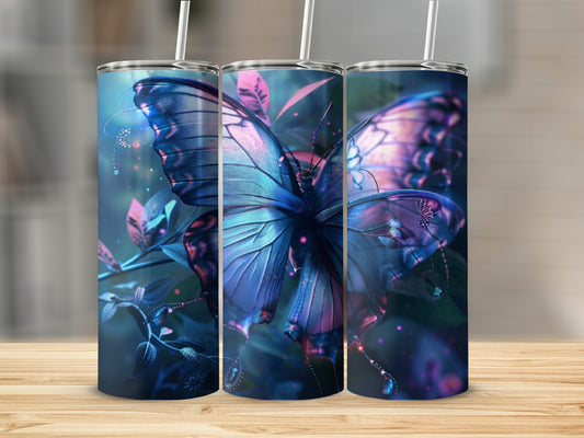 Three tumblers with iridescent blue butterflies and glowing floral accents.