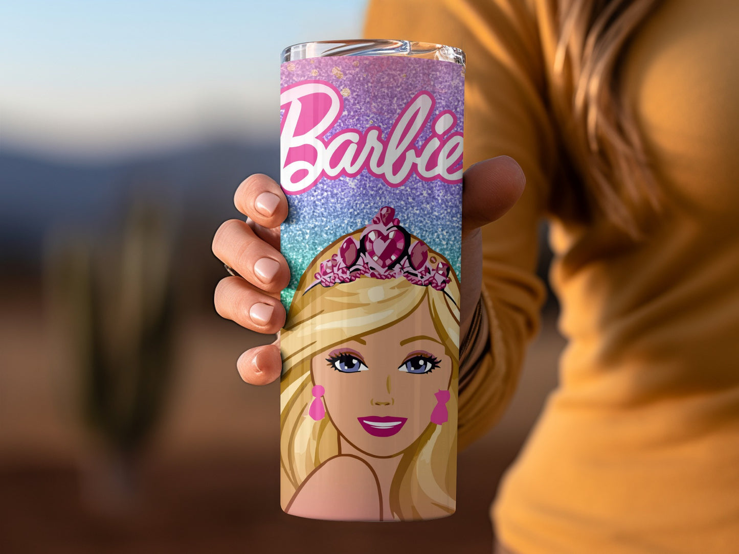 Barbie with a Crown Glitter Background Image Tumblers