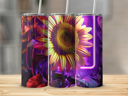 Three tumblers featuring a neon sunflower design on a wooden surface.