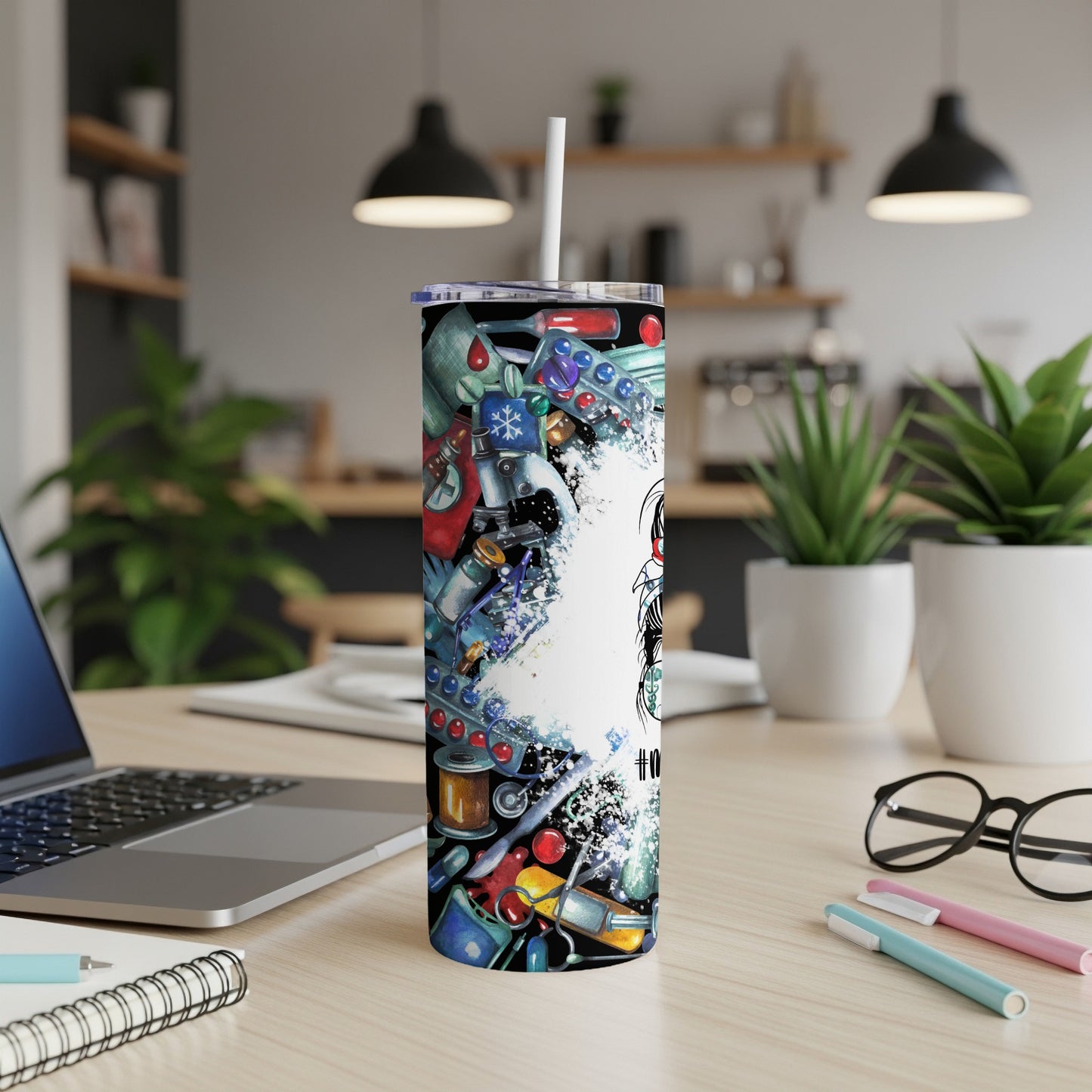 Tumbler with medical supplies, pills, and syringe graphics.
