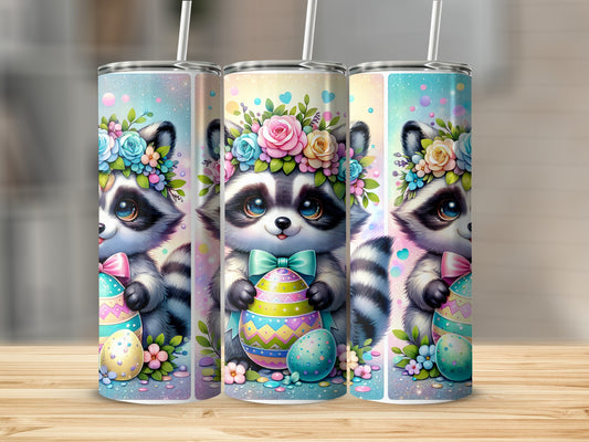 Three tumblers featuring a raccoon holding an Easter egg, adorned with flowers.