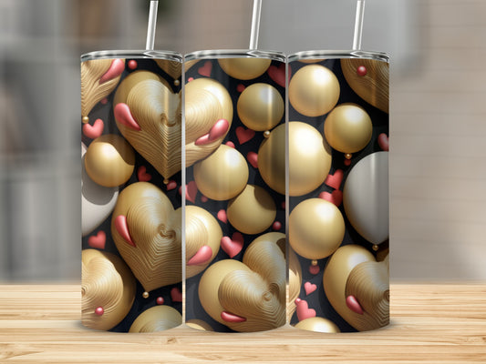 Three tumblers with gold spheres and wood-textured hearts pattern.