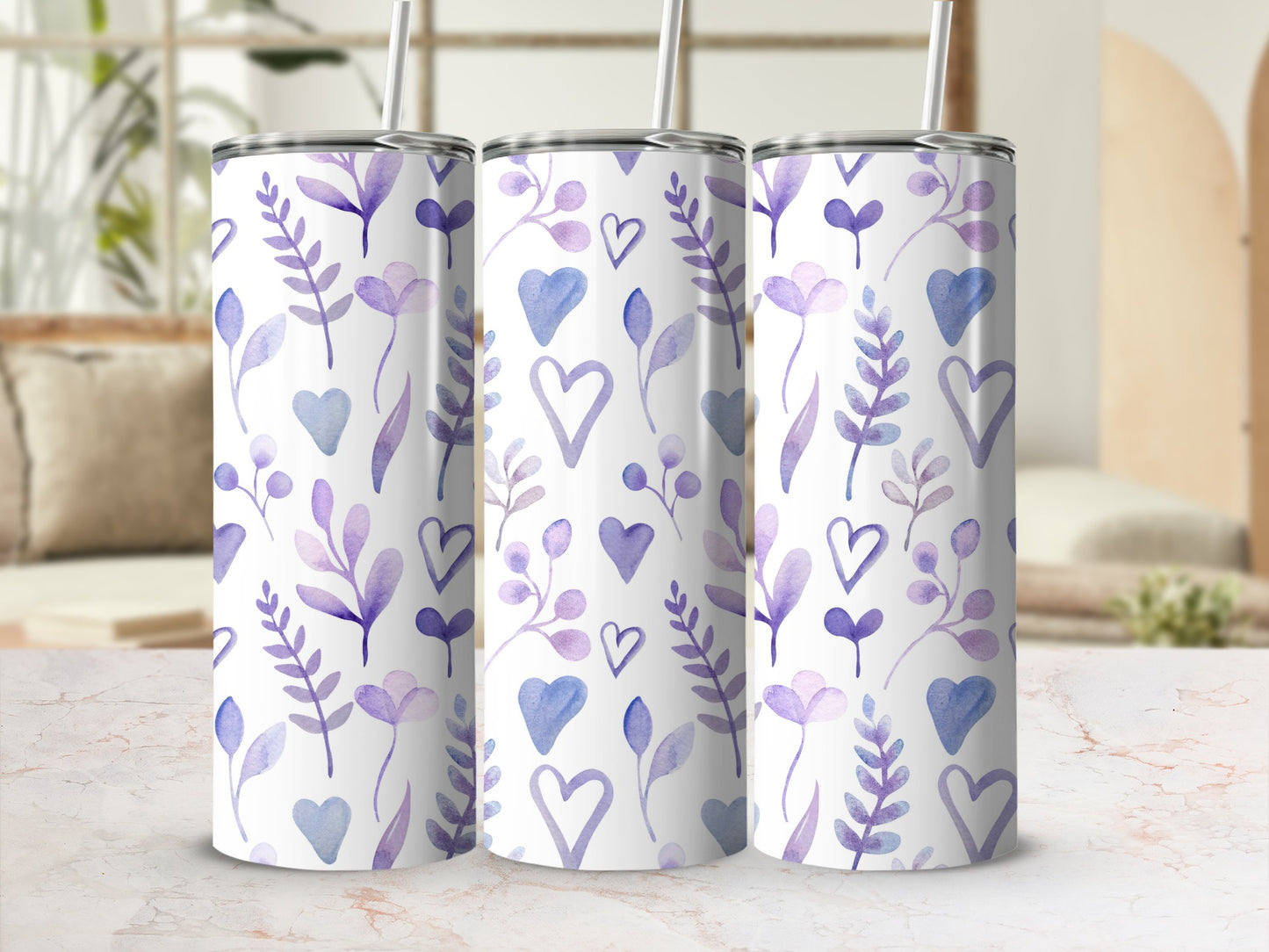 Purple and Blue Hearts and Leaves Design Tumbler