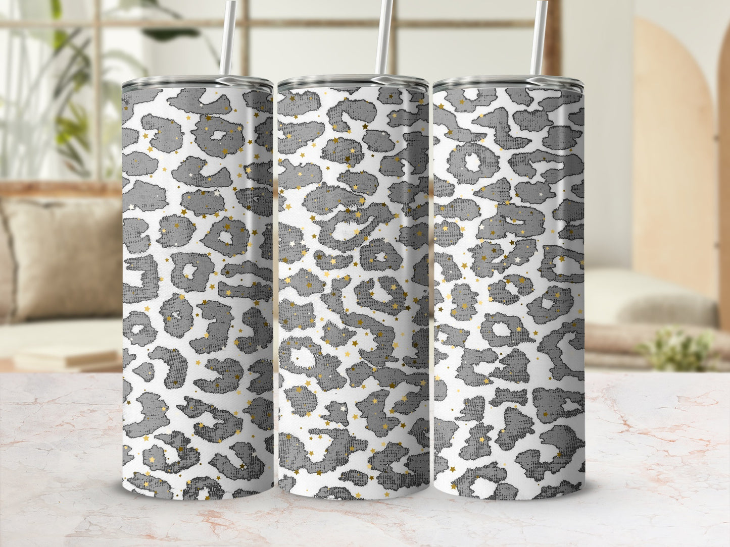 Modern Grey and White Leopard Print Tumbler Cup Product