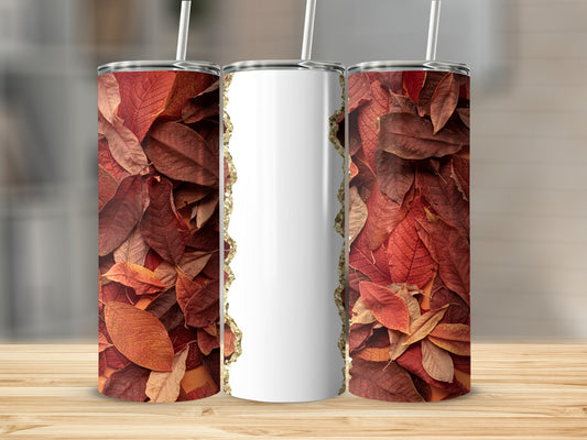 Three tumblers with a fall leaf pattern and white middle section.