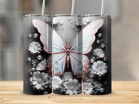 Three tumblers featuring a pale blue butterfly and white flowers.