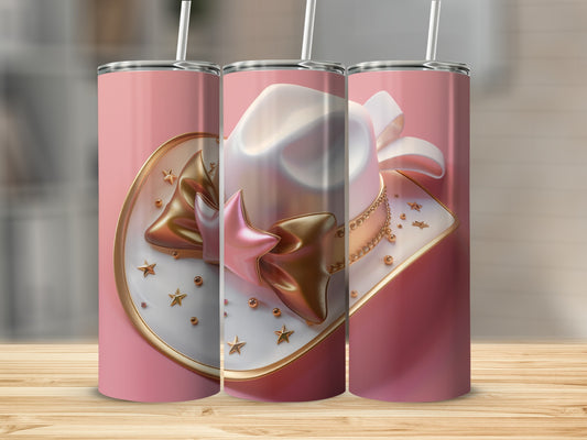 Pink tumbler with glittery cowboy hat and gold stars.