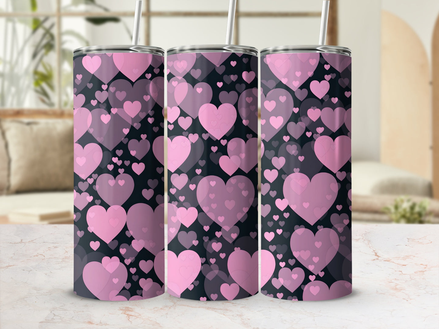 Pink Hearts Pattern Black Background Tumbler