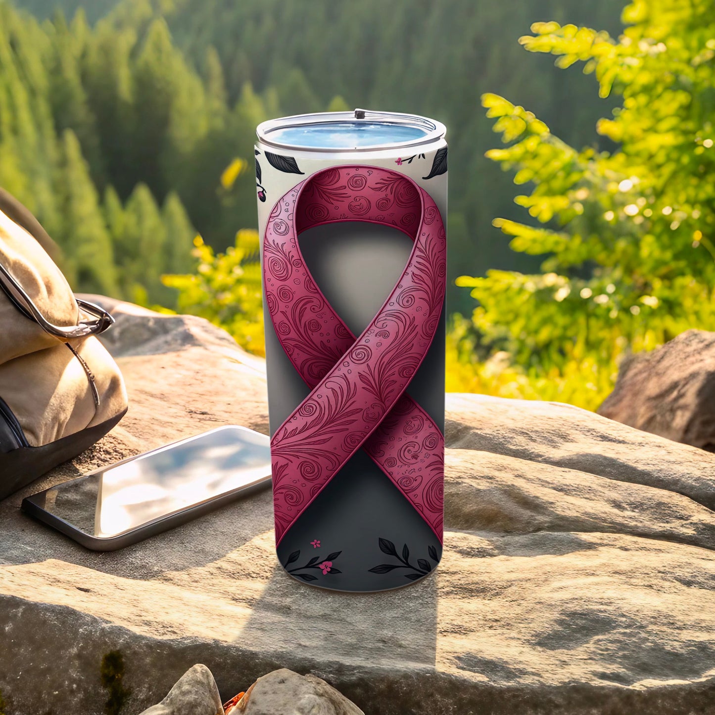Pink ribbon design on a tumbler with floral accents, outdoors.