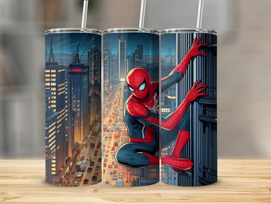Spiderman Design Tumbler with City Skyline Graphic