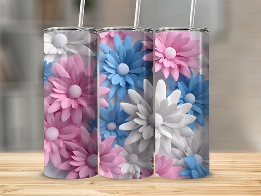 Three tumblers with pink, blue, and white floral designs.