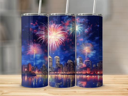 Three tumblers featuring a cityscape with fireworks over water.