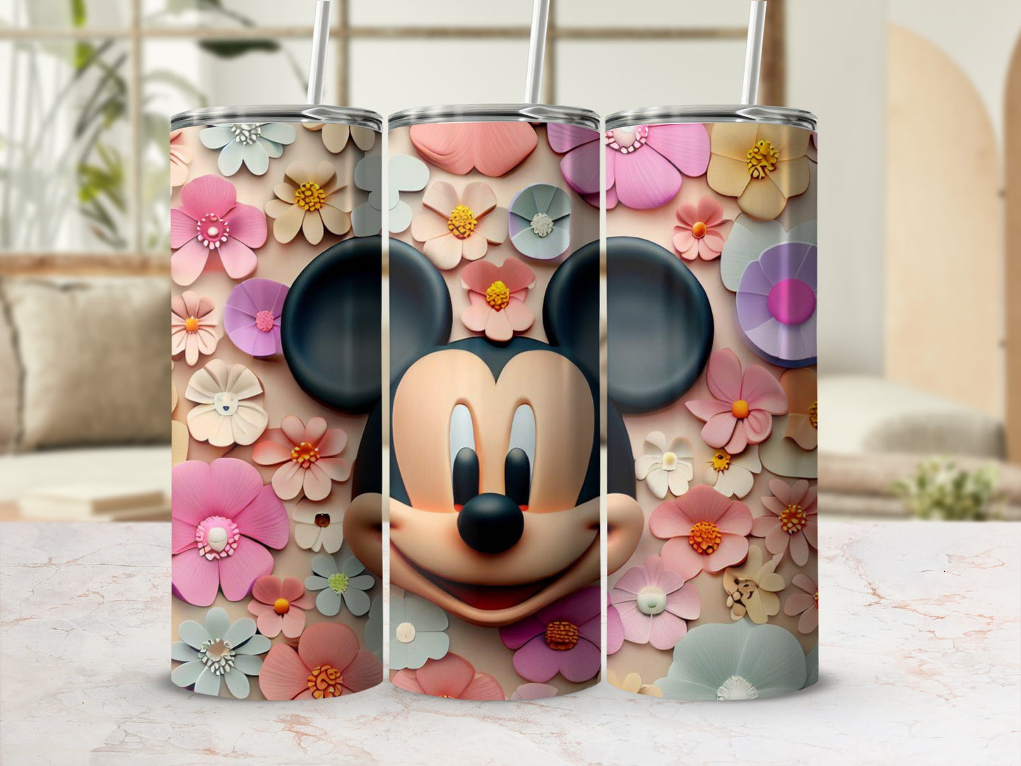 Floral Mickey Mouse Design Stainless Steel Tumbler Cups