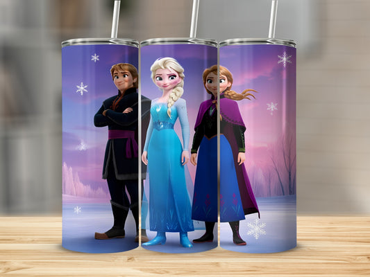 Elsa, Anna, and Kristoff from Frozen on a purple and white snowflake tumbler.