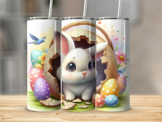 Cute bunny peeking from cracked Easter egg surrounded by colorful eggs and flowers.