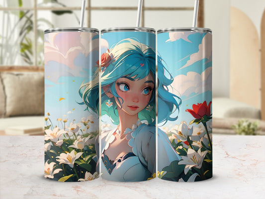 Fantasy Blue-Haired Girl with Floral Background Tumbler