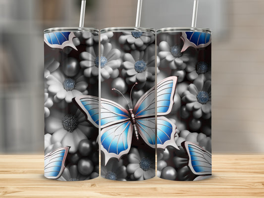 Three tumblers with blue butterflies and white flowers pattern.