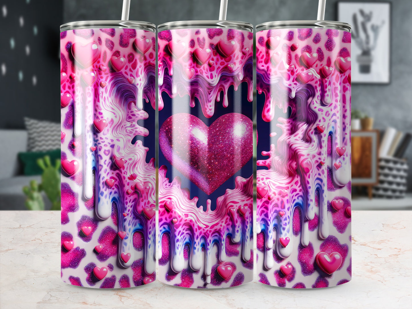Pink Hearts Glitter Heart Valentine's Day! Melting Hearts on Heart Frame Animal Print Design Tumblers
