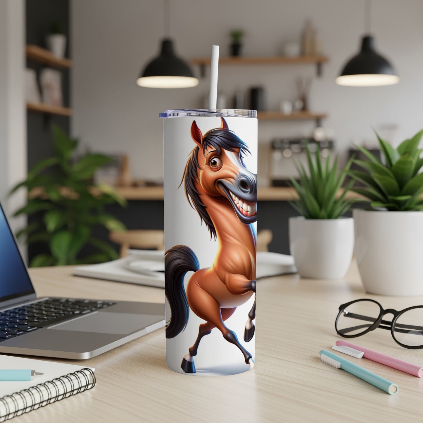 Cartoon horse illustration on a white insulated tumbler with straw.