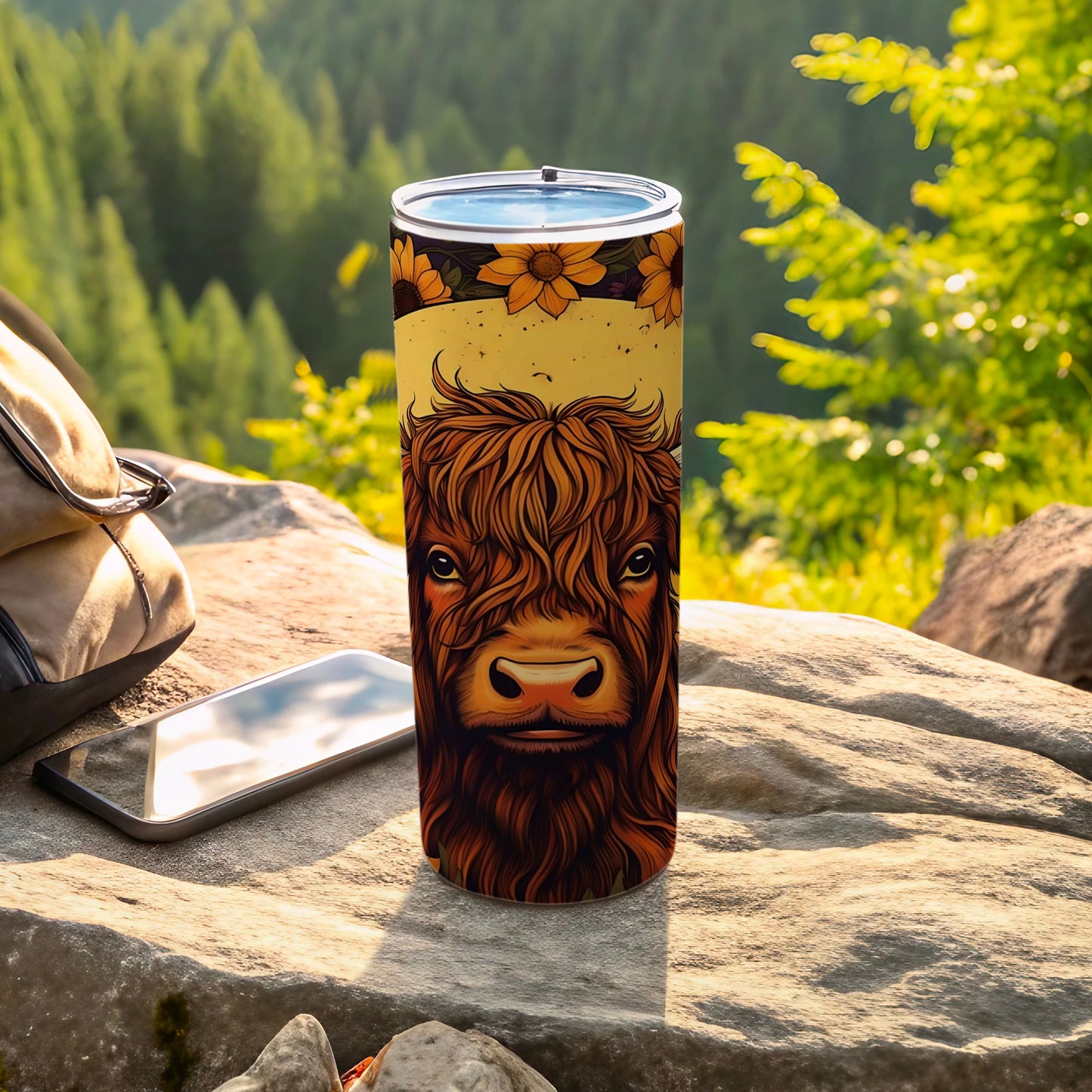 Highland Cow With Sunflowers Drinkware Flask