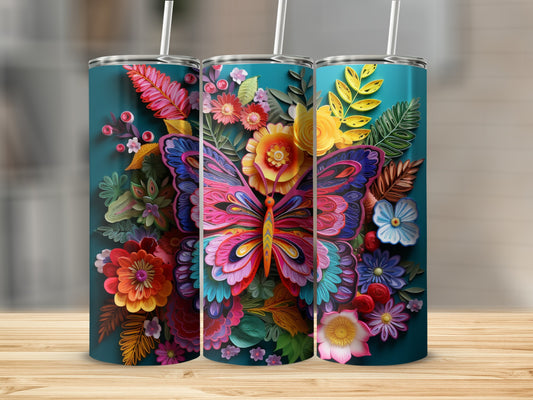 Three teal tumblers with colorful floral and butterfly designs.