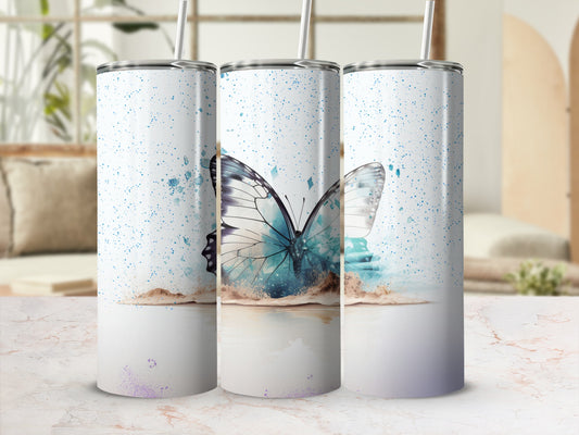 Elegant Blue Butterfly Printed Tumbler With Straw