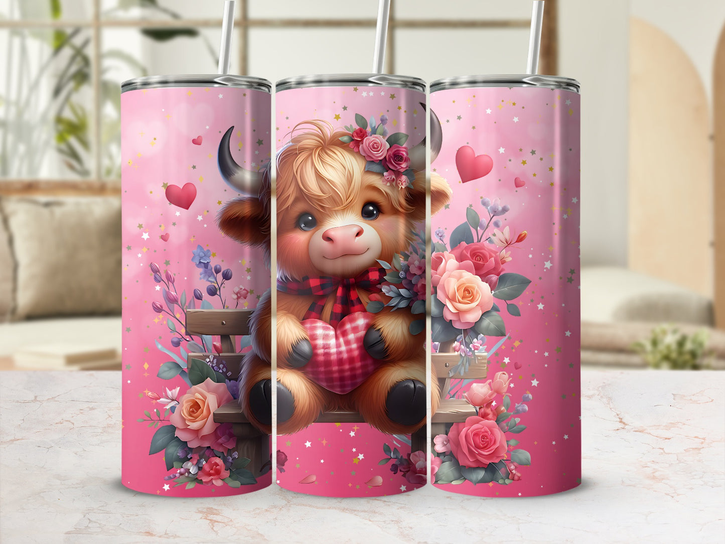 Adorable Cow with Flowers Pink Background Tumbler