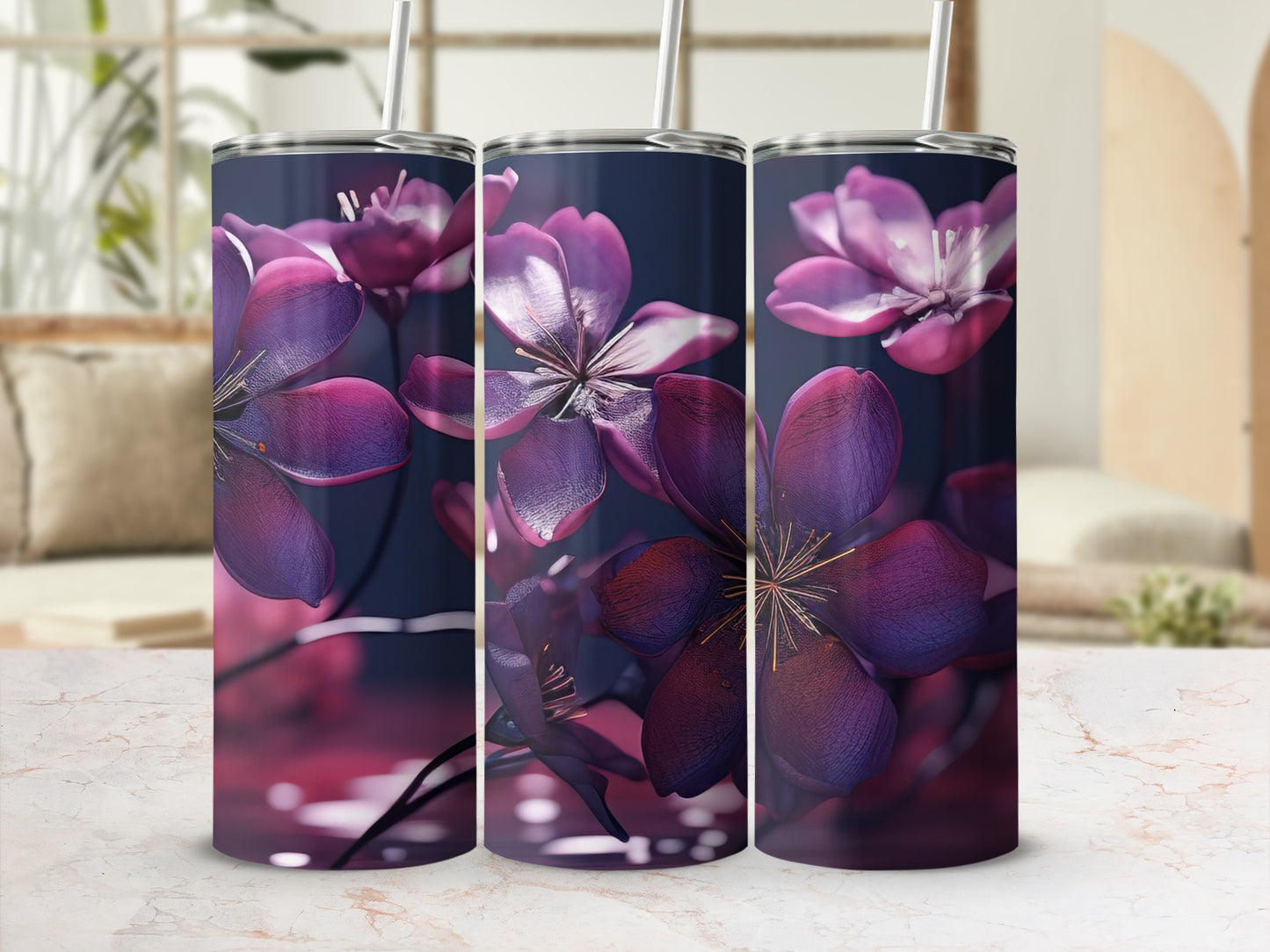 Vibrant Floral Design Tumbler with Bold Purple Blooms