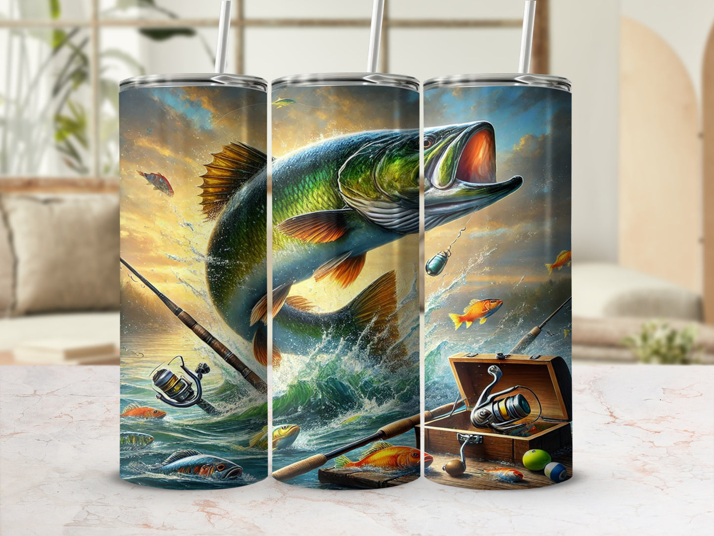Vibrant Fishing Scene Tumbler with Colorful Fish