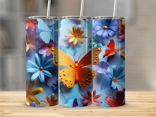 Three floral tumblers with butterflies, one orange and two blue.