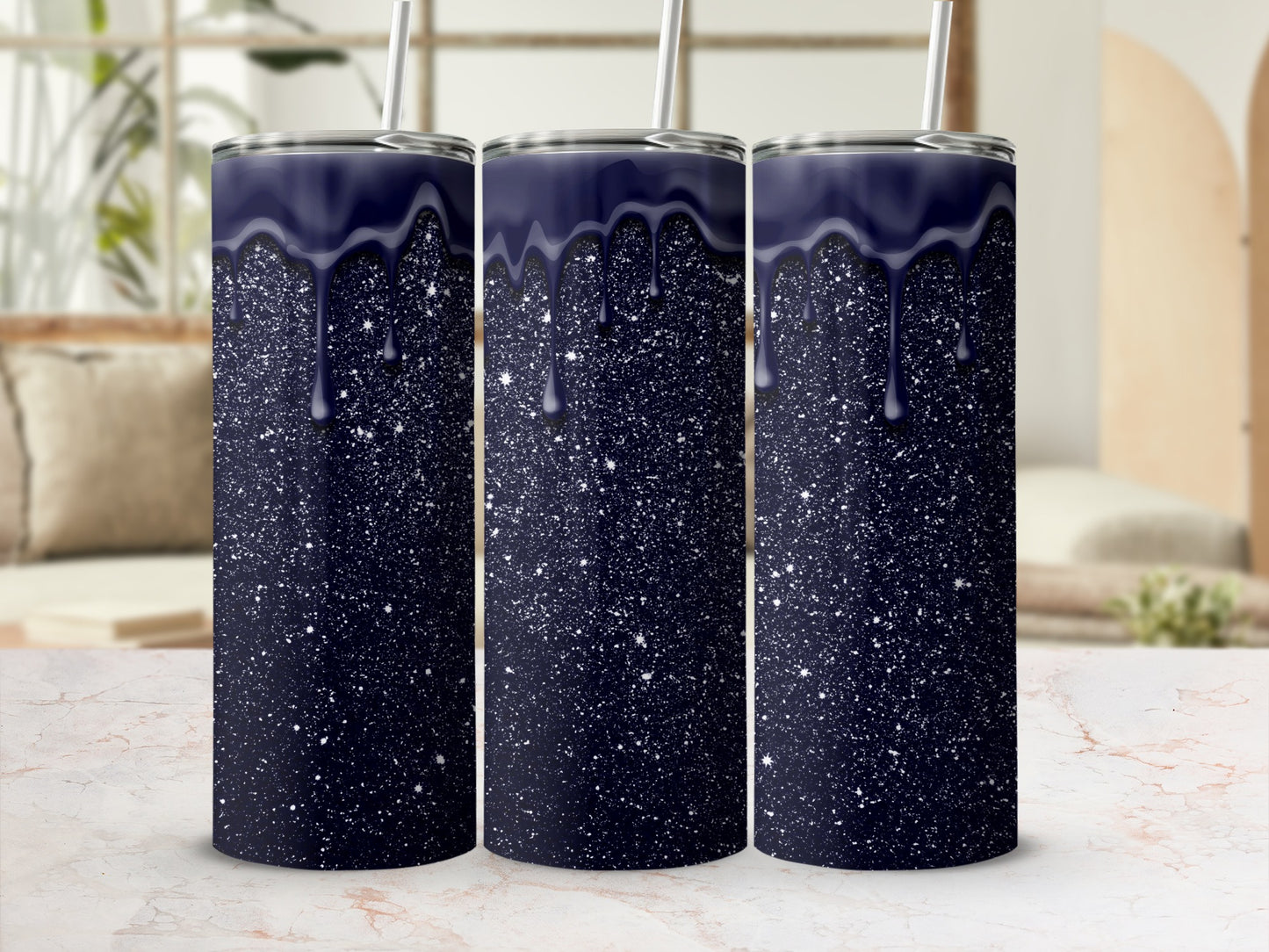 Black Starry Sky Drip Effect Slim Tumbler Cup
