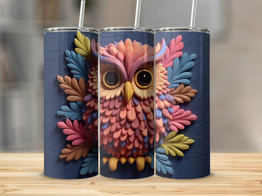 Three tumblers featuring a colorful, textured owl design with feathers.